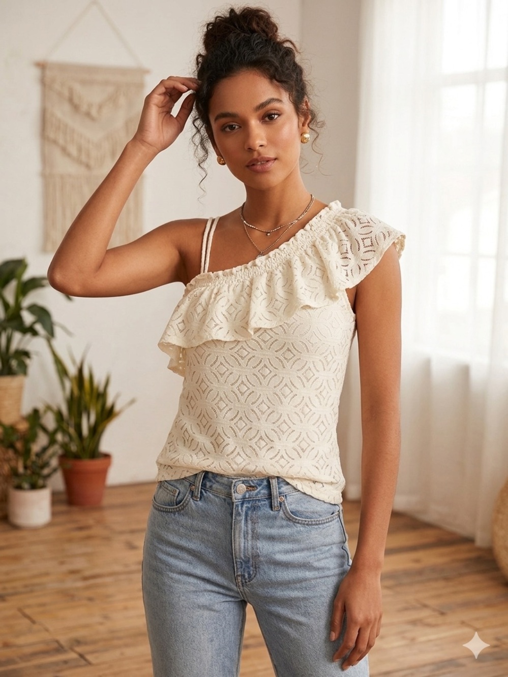 H&M Ivory Lace Off-Shoulder Top ruffle romantic Chloe vibes